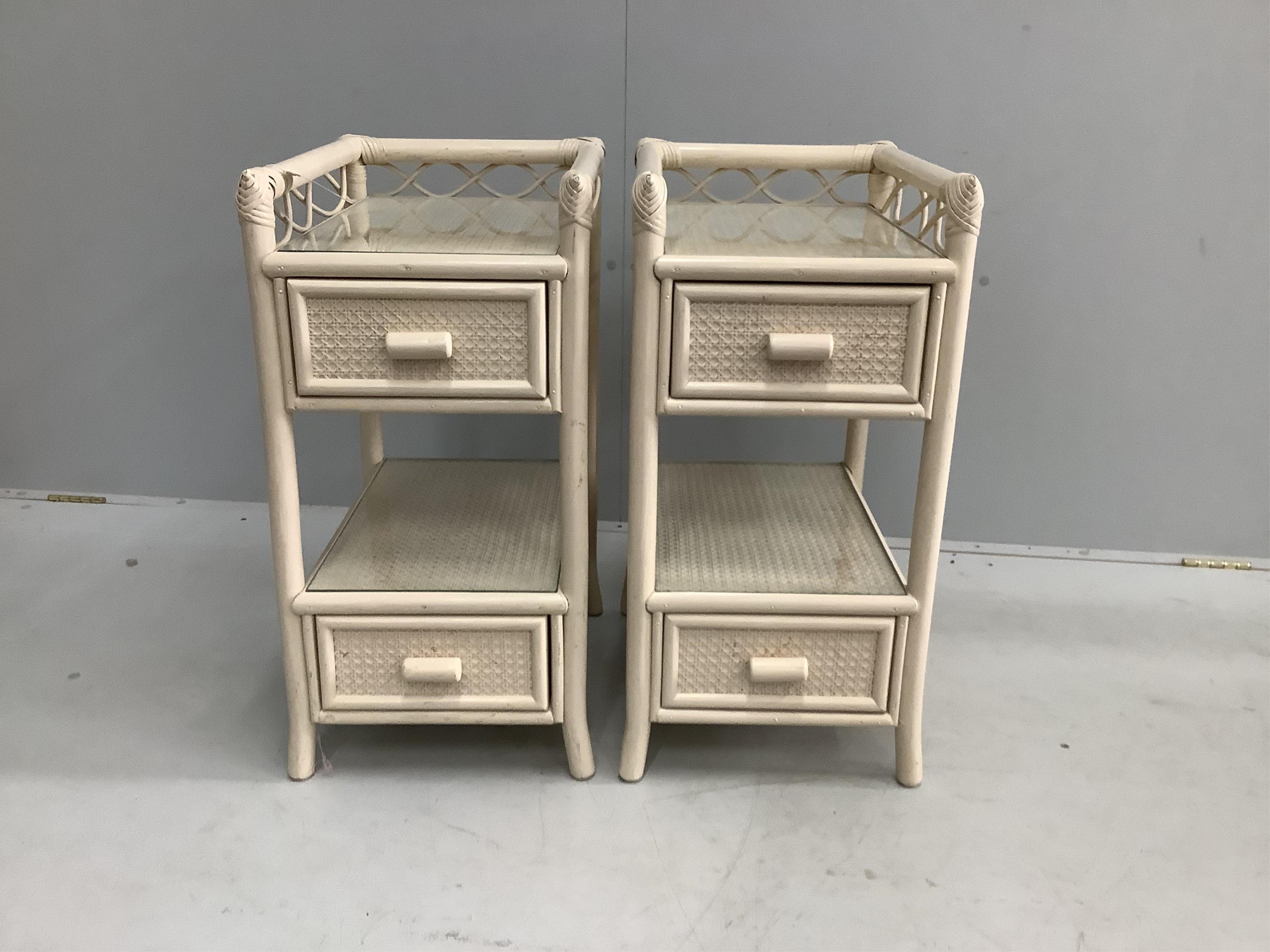 A pair of Angraves Furniture carved bamboo side tables, width 35cm, depth 46cm, height 70cm. Condition - good